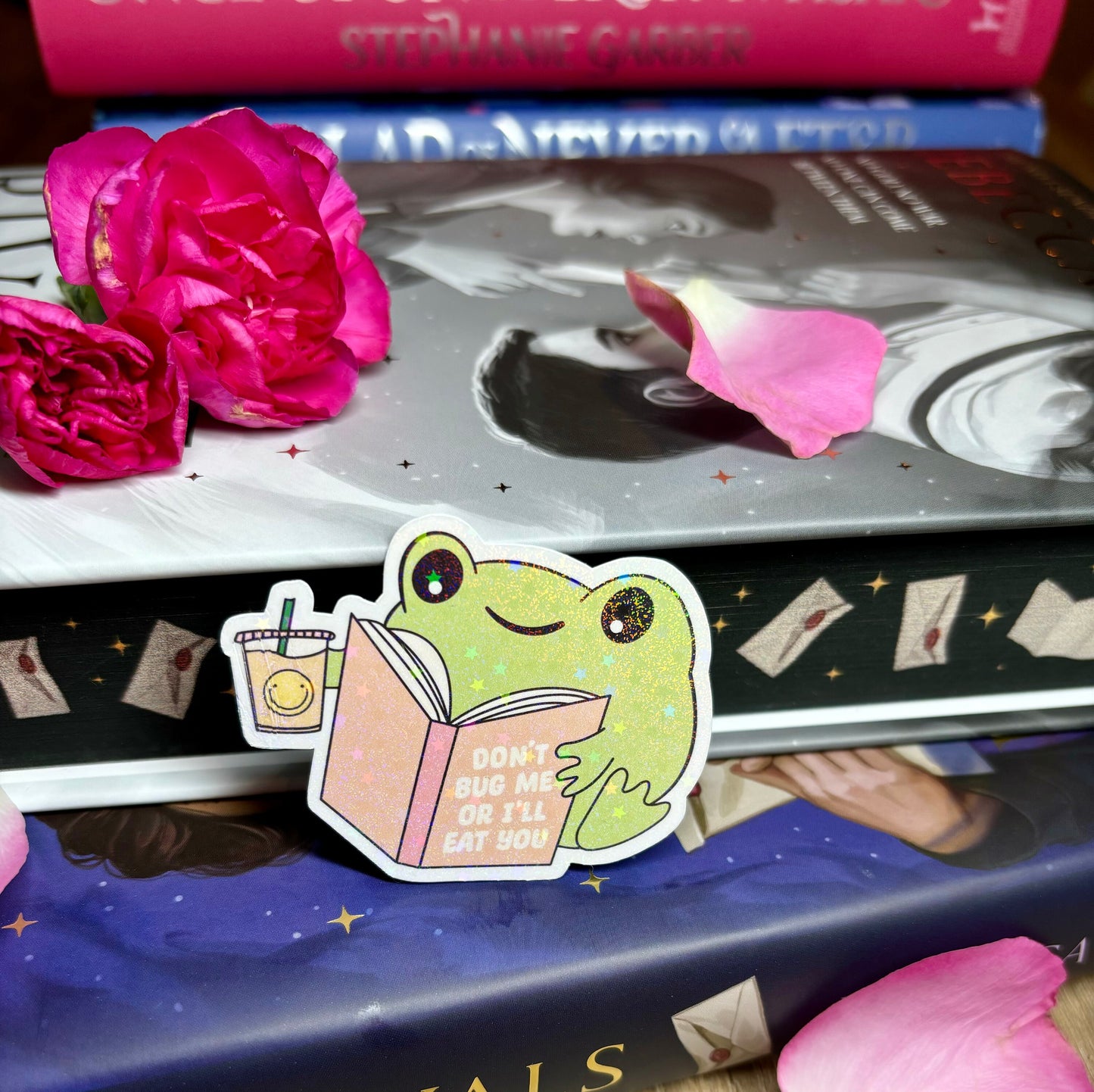 Mini Cute Bookish Reading Frog "Don't Bug Me Or I'll Eat You" Sticker