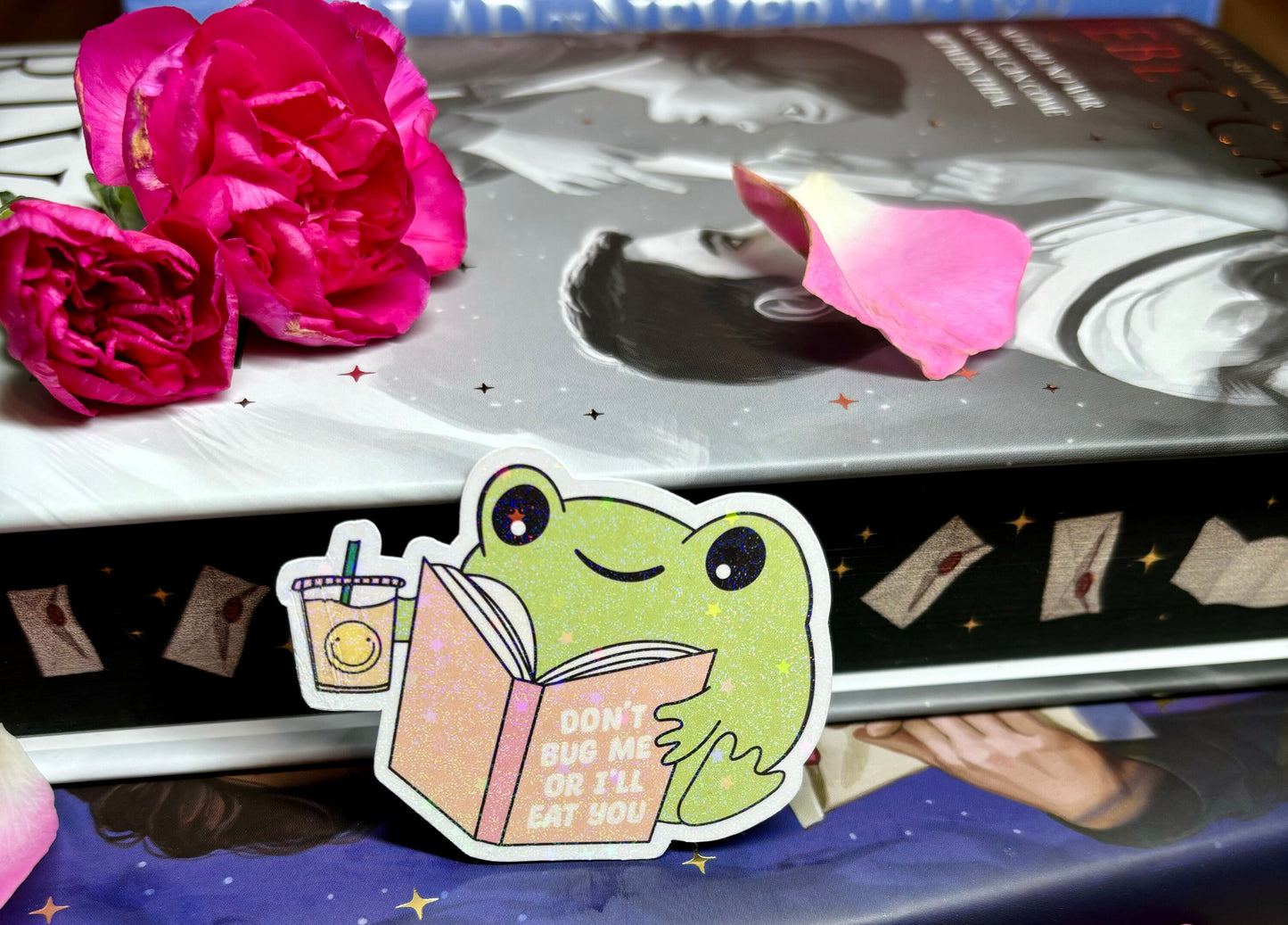 Mini Cute Bookish Reading Frog "Don't Bug Me Or I'll Eat You" Sticker