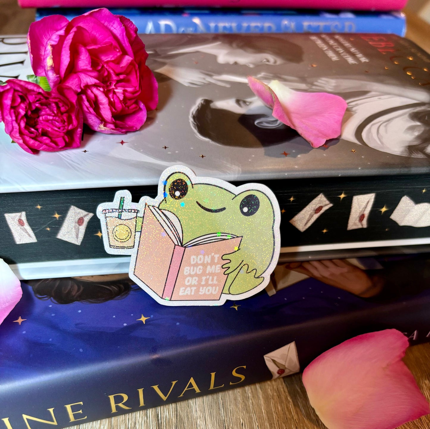 Mini Cute Bookish Reading Frog "Don't Bug Me Or I'll Eat You" Sticker