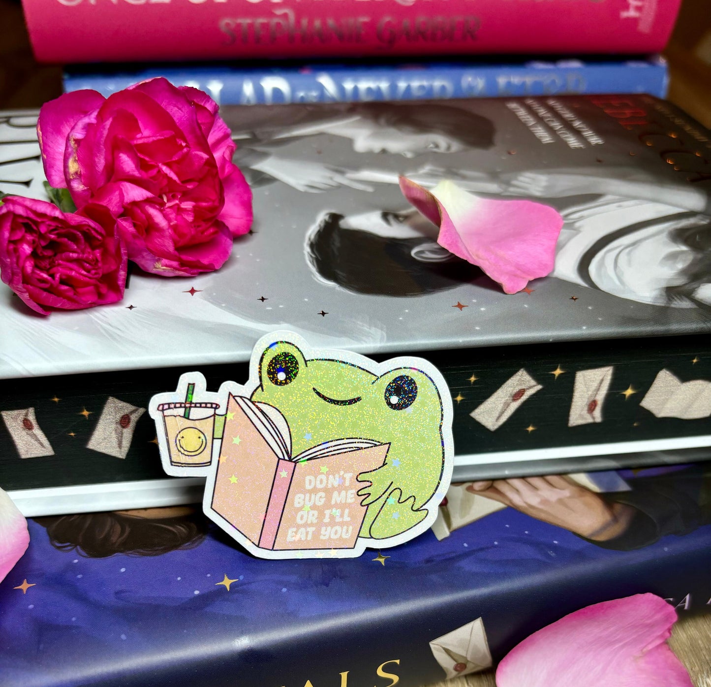 Mini Cute Bookish Reading Frog "Don't Bug Me Or I'll Eat You" Sticker
