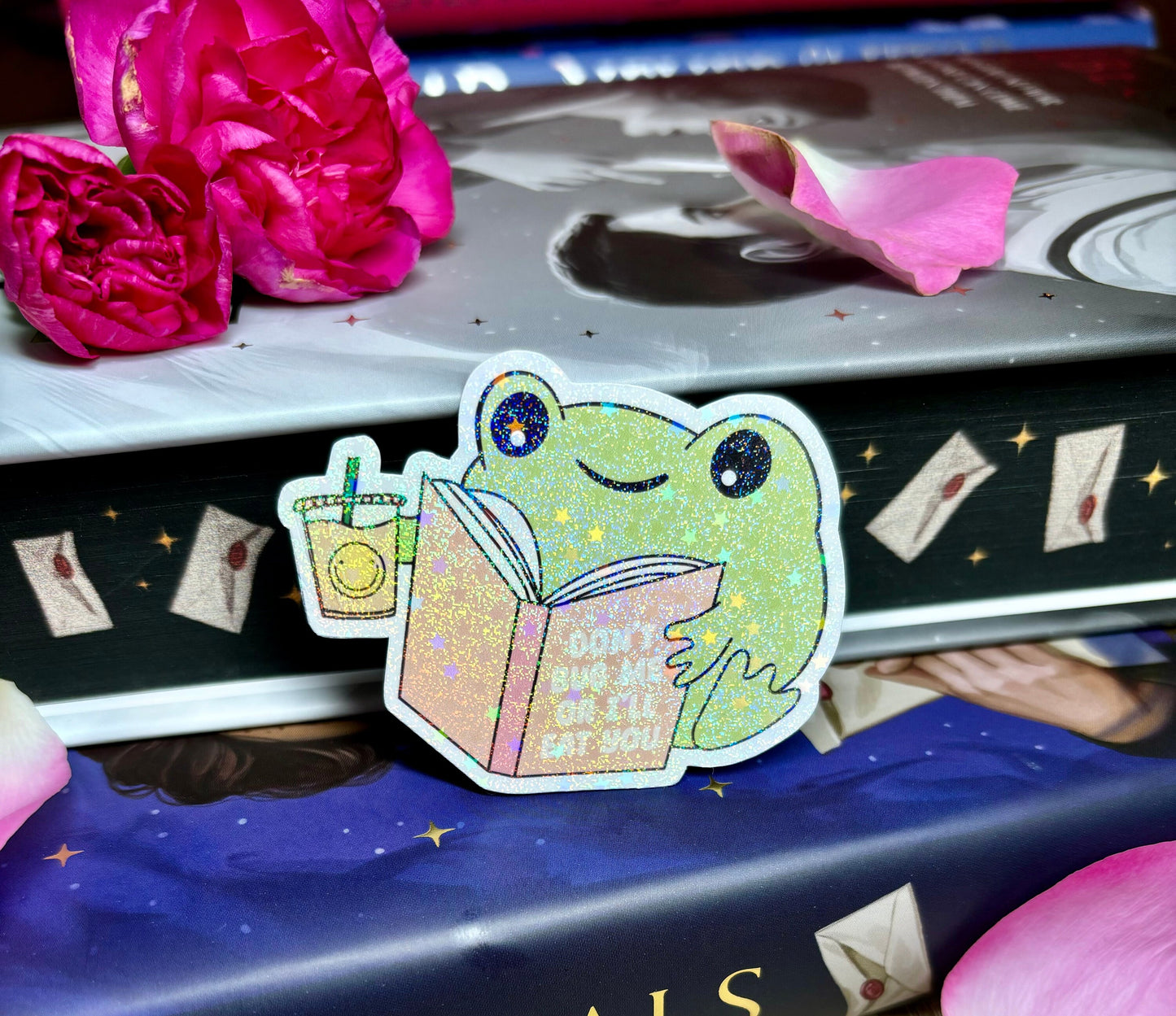 Mini Cute Bookish Reading Frog "Don't Bug Me Or I'll Eat You" Sticker