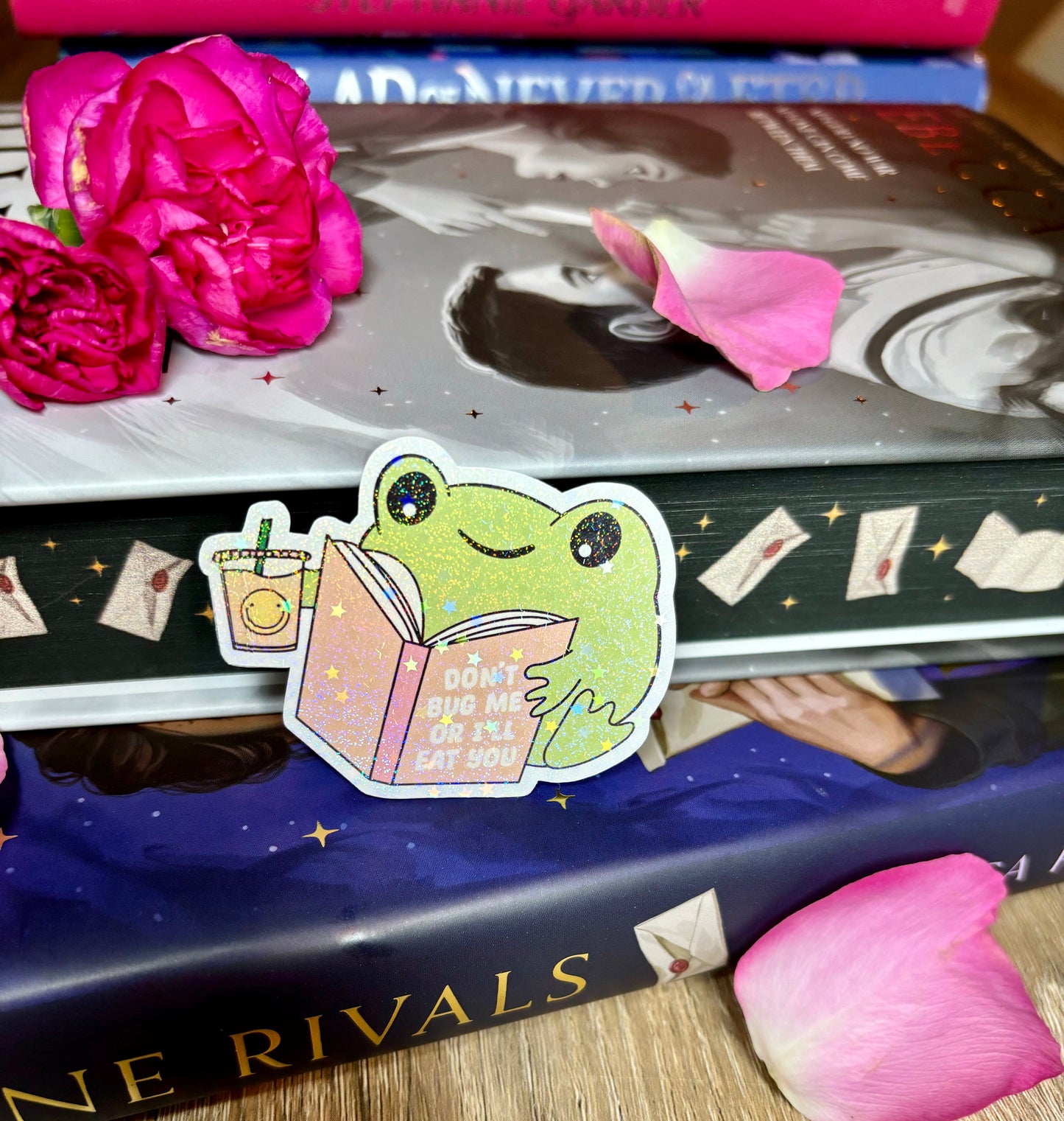 Mini Cute Bookish Reading Frog "Don't Bug Me Or I'll Eat You" Sticker
