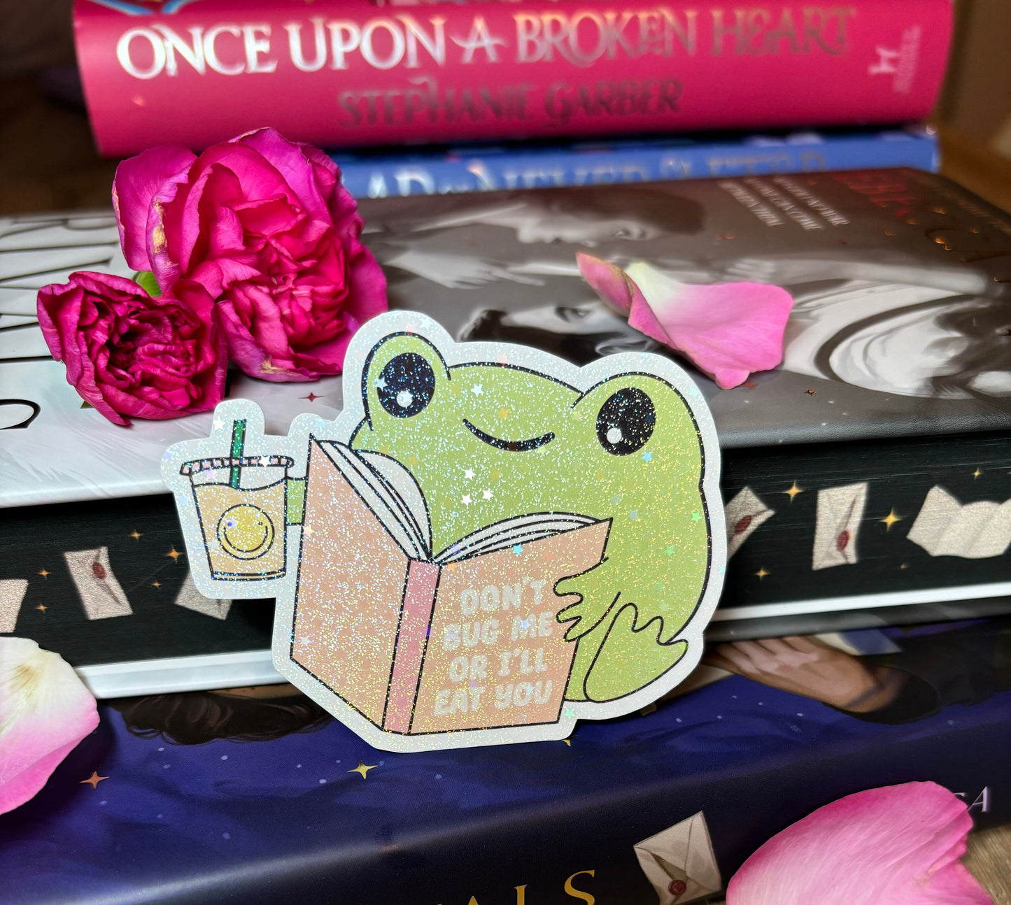 Cute Bookish Reading Frog "Don't Bug Me Or I'll Eat You" Sticker