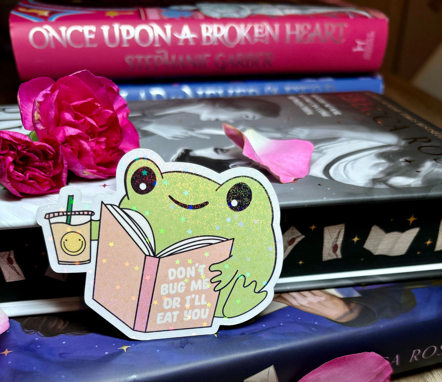 Cute Bookish Reading Frog "Don't Bug Me Or I'll Eat You" Sticker