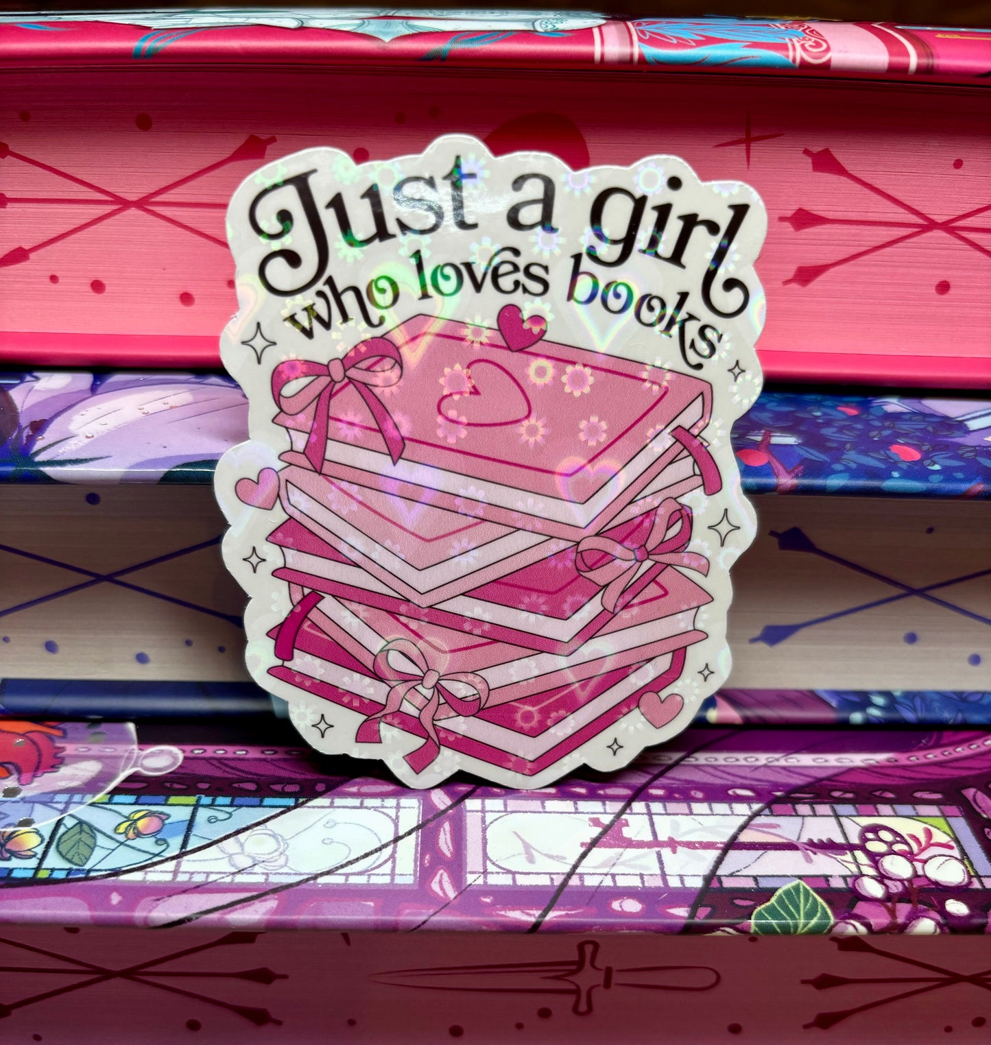 Just A Girl Who Loves Books Pink Book Stack Sticker