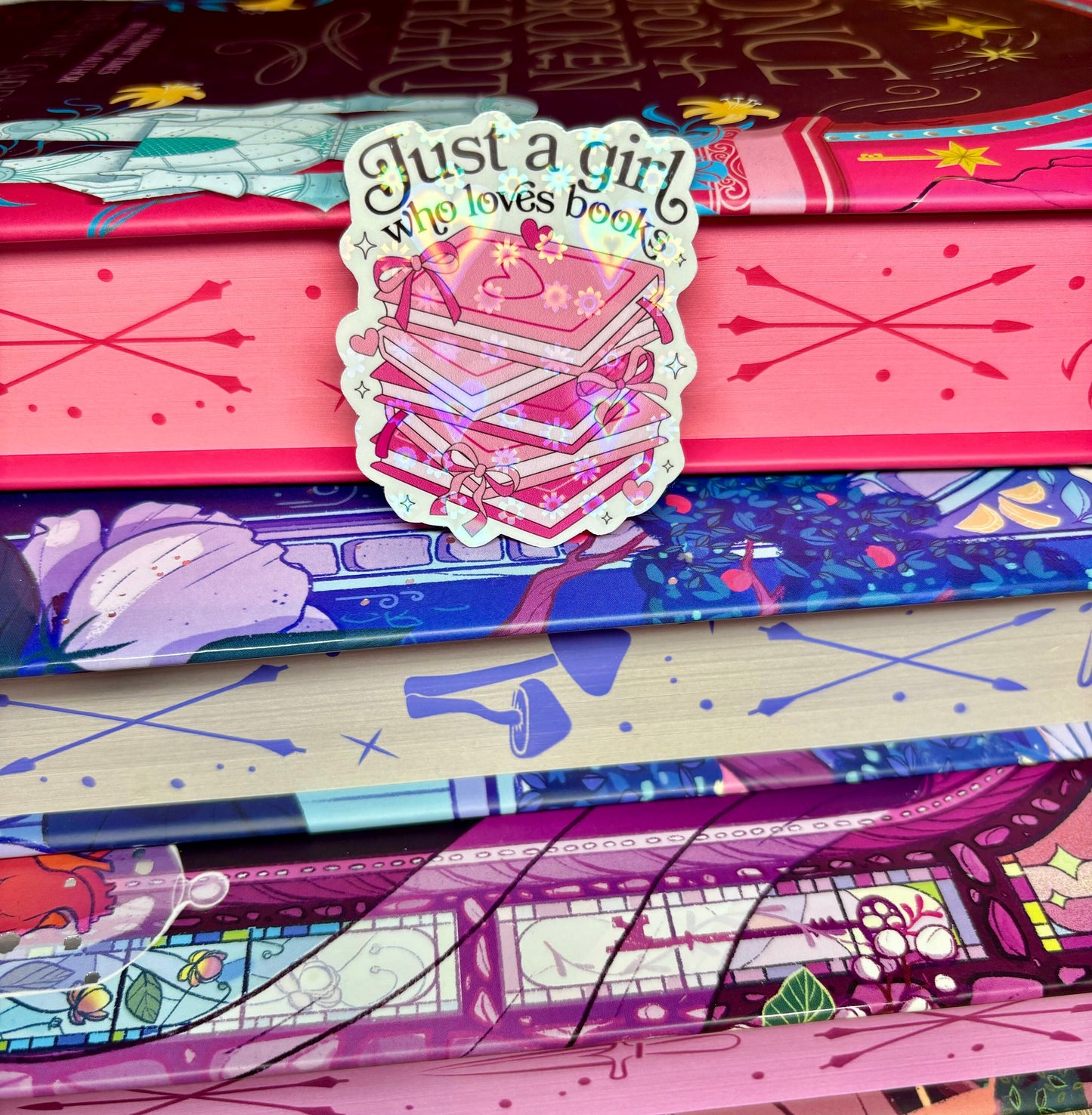 Mini Just A Girl Who Loves Books Pink Book Stack Sticker