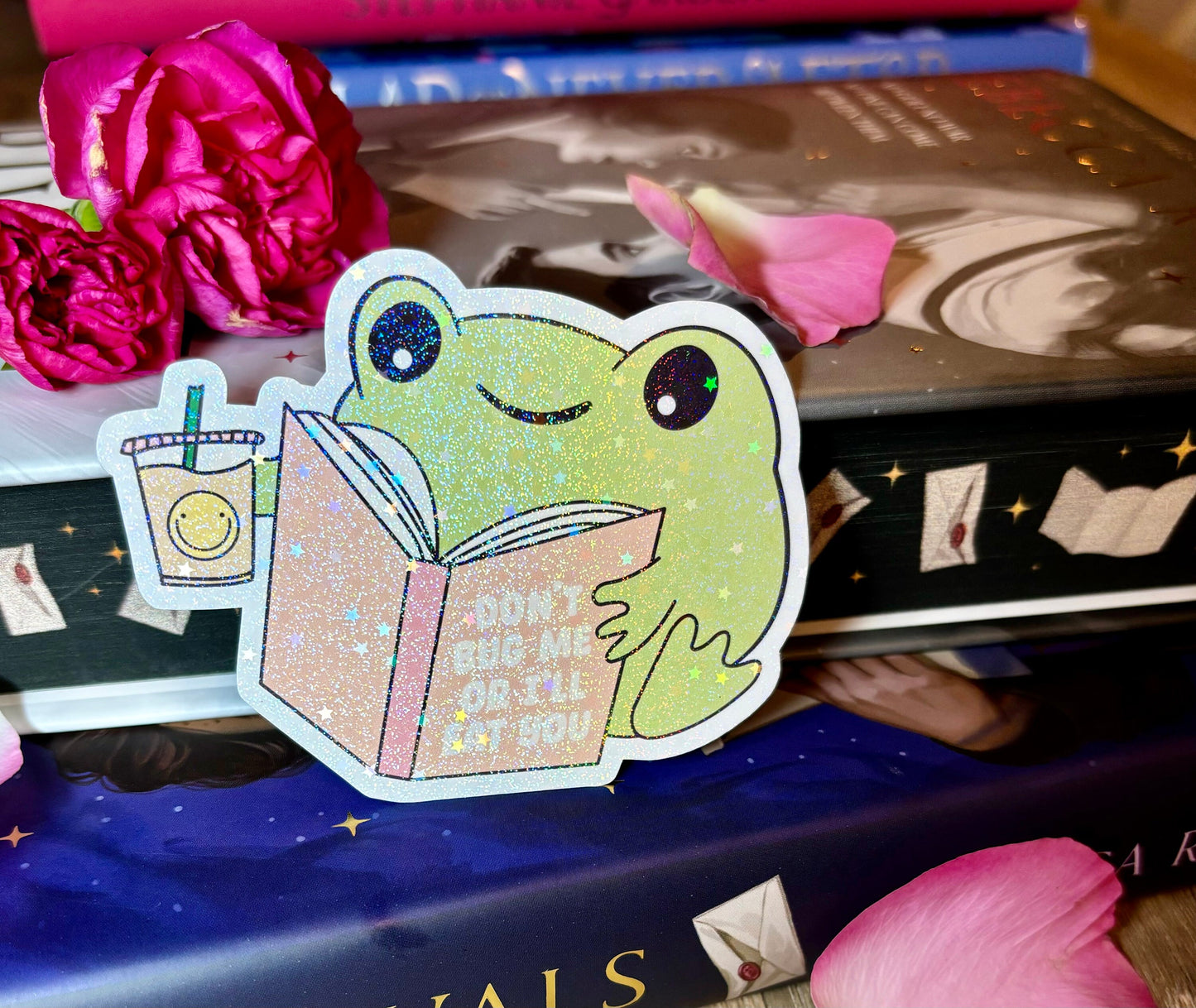 Cute Bookish Reading Frog "Don't Bug Me Or I'll Eat You" Sticker
