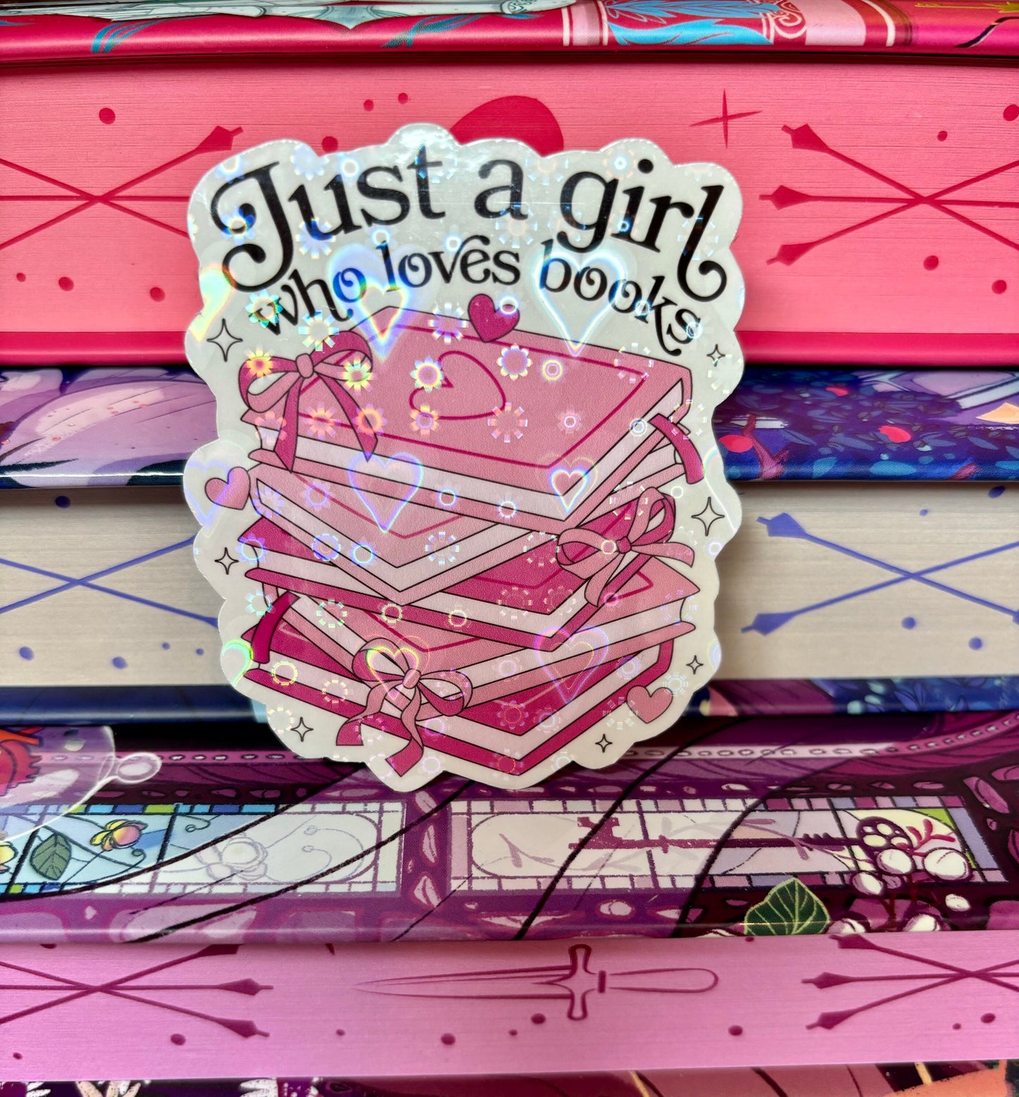 Just A Girl Who Loves Books Pink Book Stack Sticker