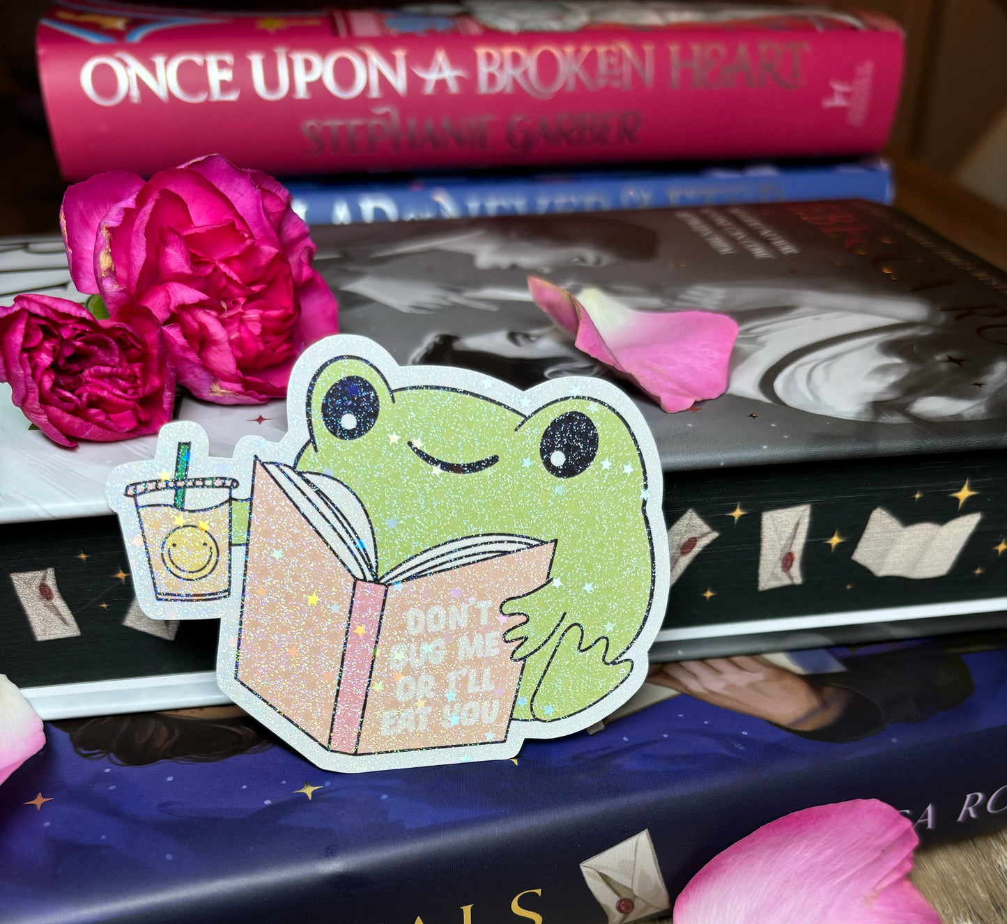 Cute Bookish Reading Frog "Don't Bug Me Or I'll Eat You" Sticker