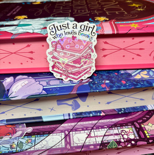 Mini Just A Girl Who Loves Books Pink Book Stack Sticker