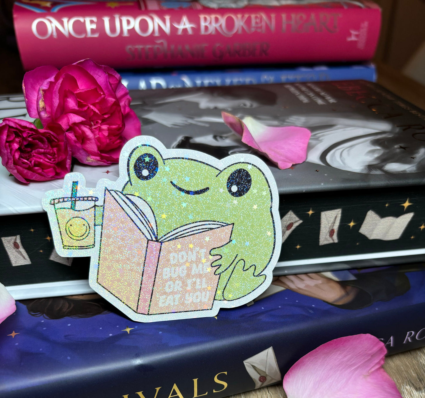 Cute Bookish Reading Frog "Don't Bug Me Or I'll Eat You" Sticker