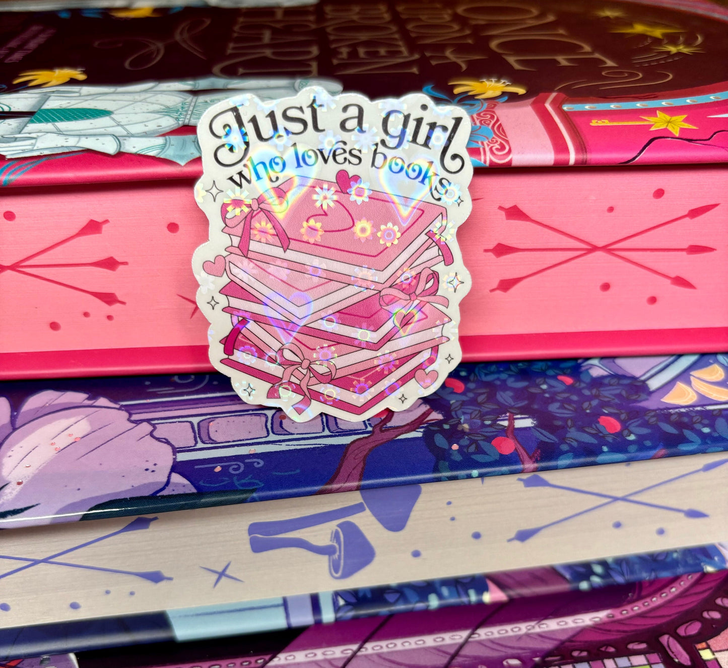 Mini Just A Girl Who Loves Books Pink Book Stack Sticker
