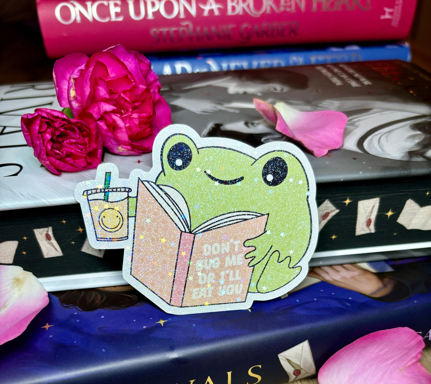 Cute Bookish Reading Frog "Don't Bug Me Or I'll Eat You" Sticker