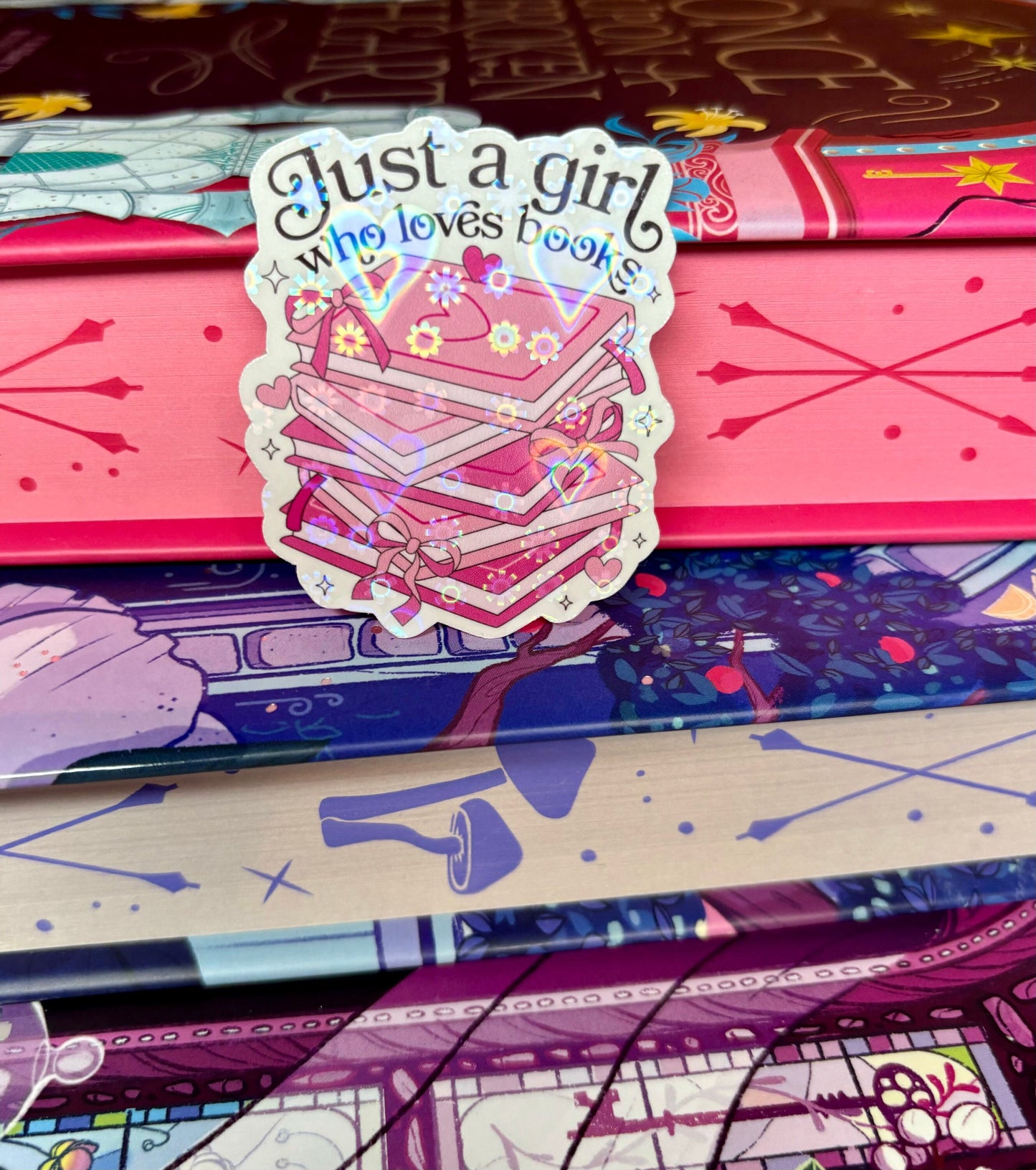 Mini Just A Girl Who Loves Books Pink Book Stack Sticker