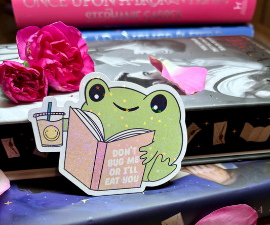 Cute Bookish Reading Frog "Don't Bug Me Or I'll Eat You" Sticker