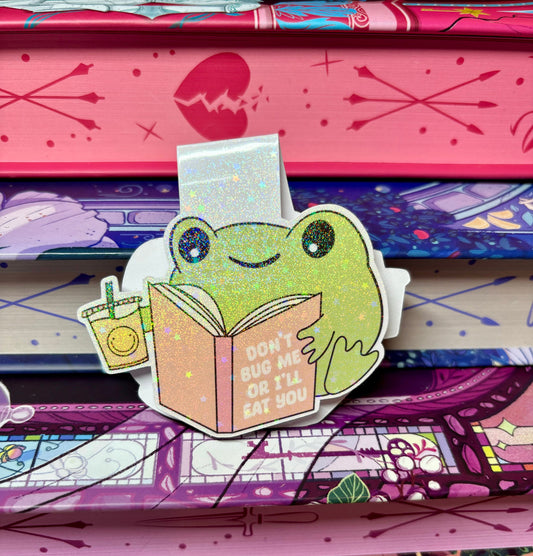 Cute Bookish Reading Frog "Don't Bug Me Or I'll Eat You" Magnetic Bookmark