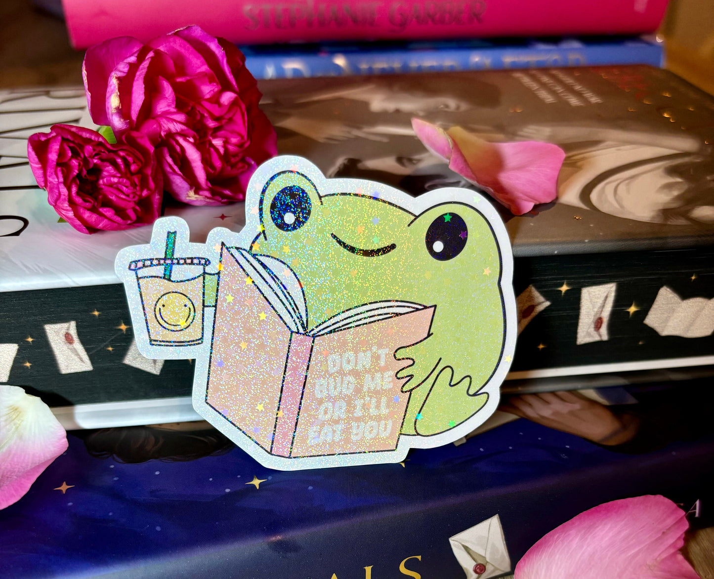 Cute Bookish Reading Frog "Don't Bug Me Or I'll Eat You" Sticker
