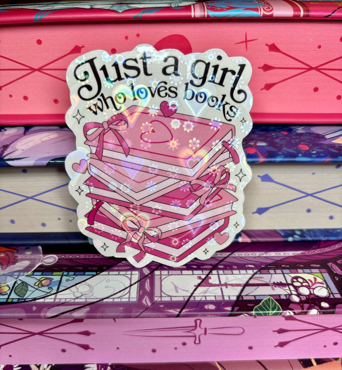 Just A Girl Who Loves Books Pink Book Stack Sticker