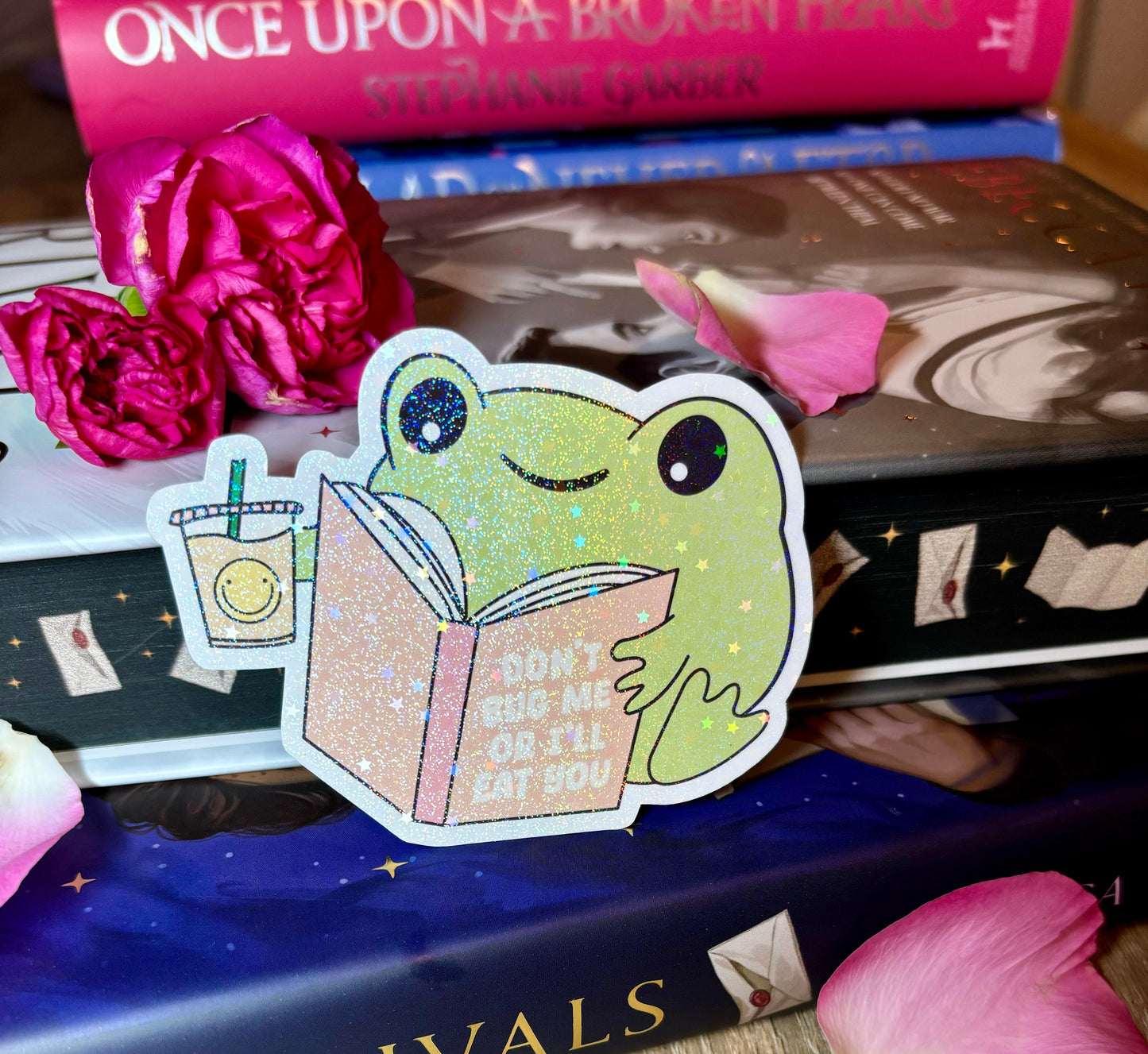 Cute Bookish Reading Frog "Don't Bug Me Or I'll Eat You" Sticker