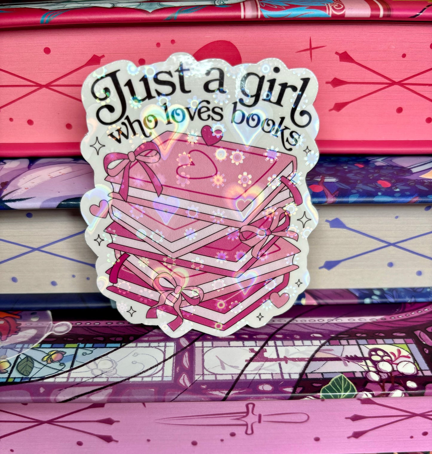 Just A Girl Who Loves Books Pink Book Stack Sticker