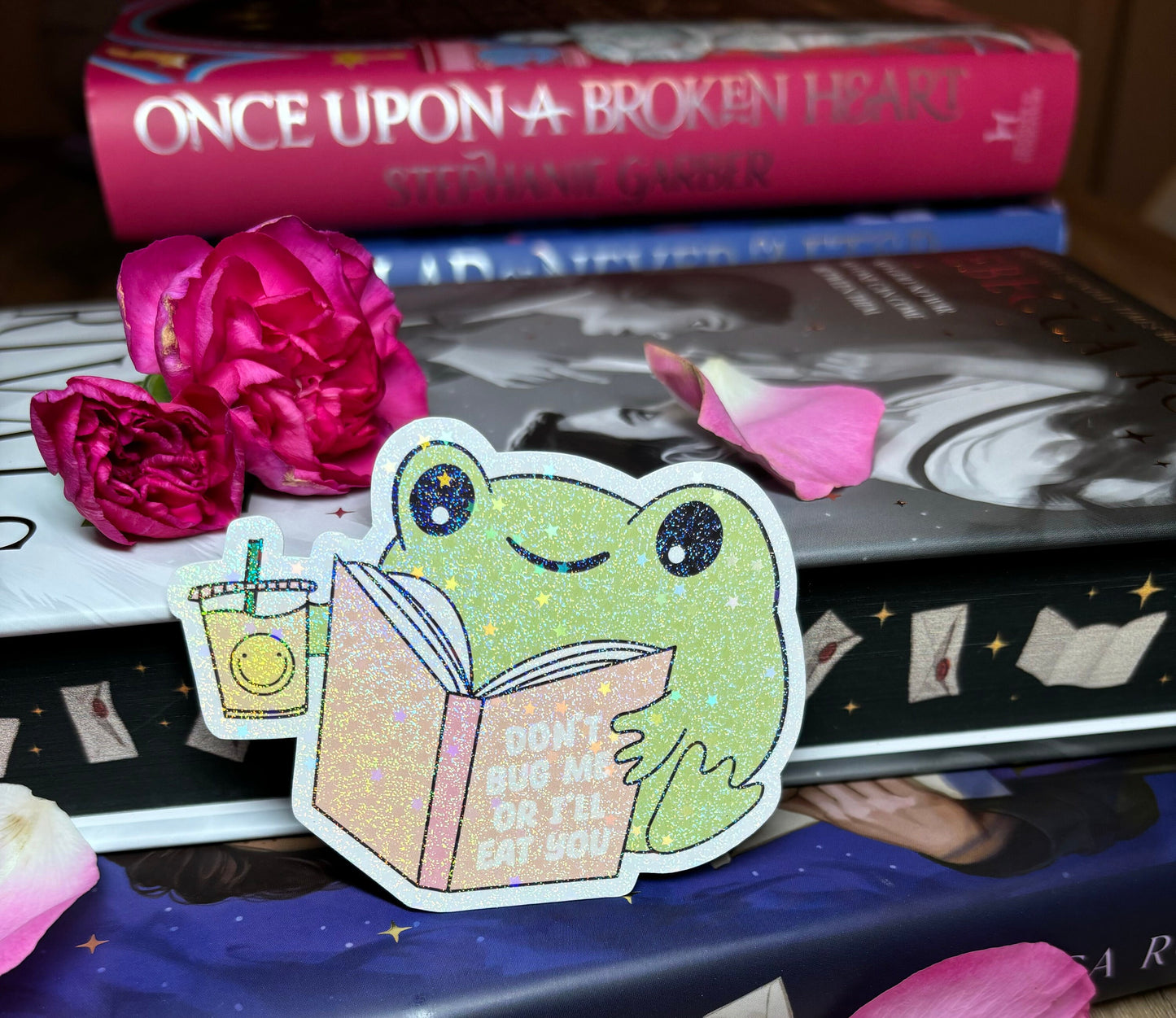 Cute Bookish Reading Frog "Don't Bug Me Or I'll Eat You" Sticker