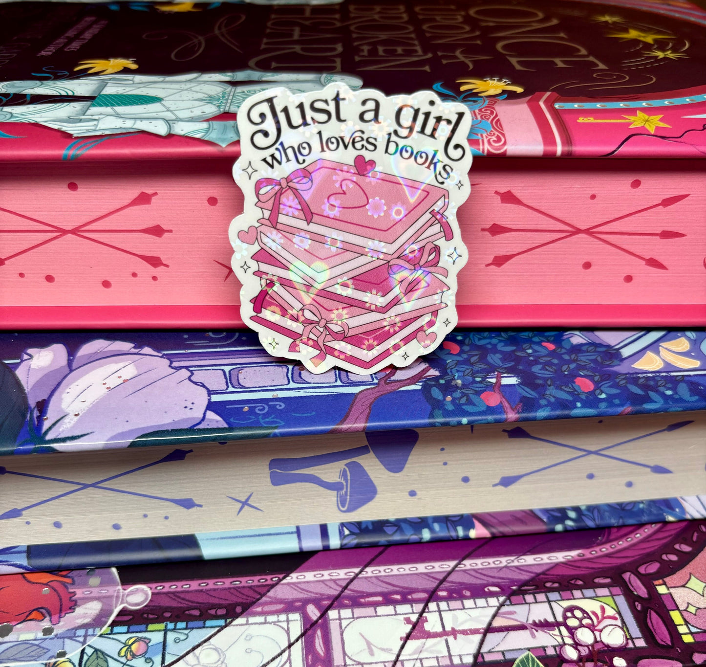 Mini Just A Girl Who Loves Books Pink Book Stack Sticker