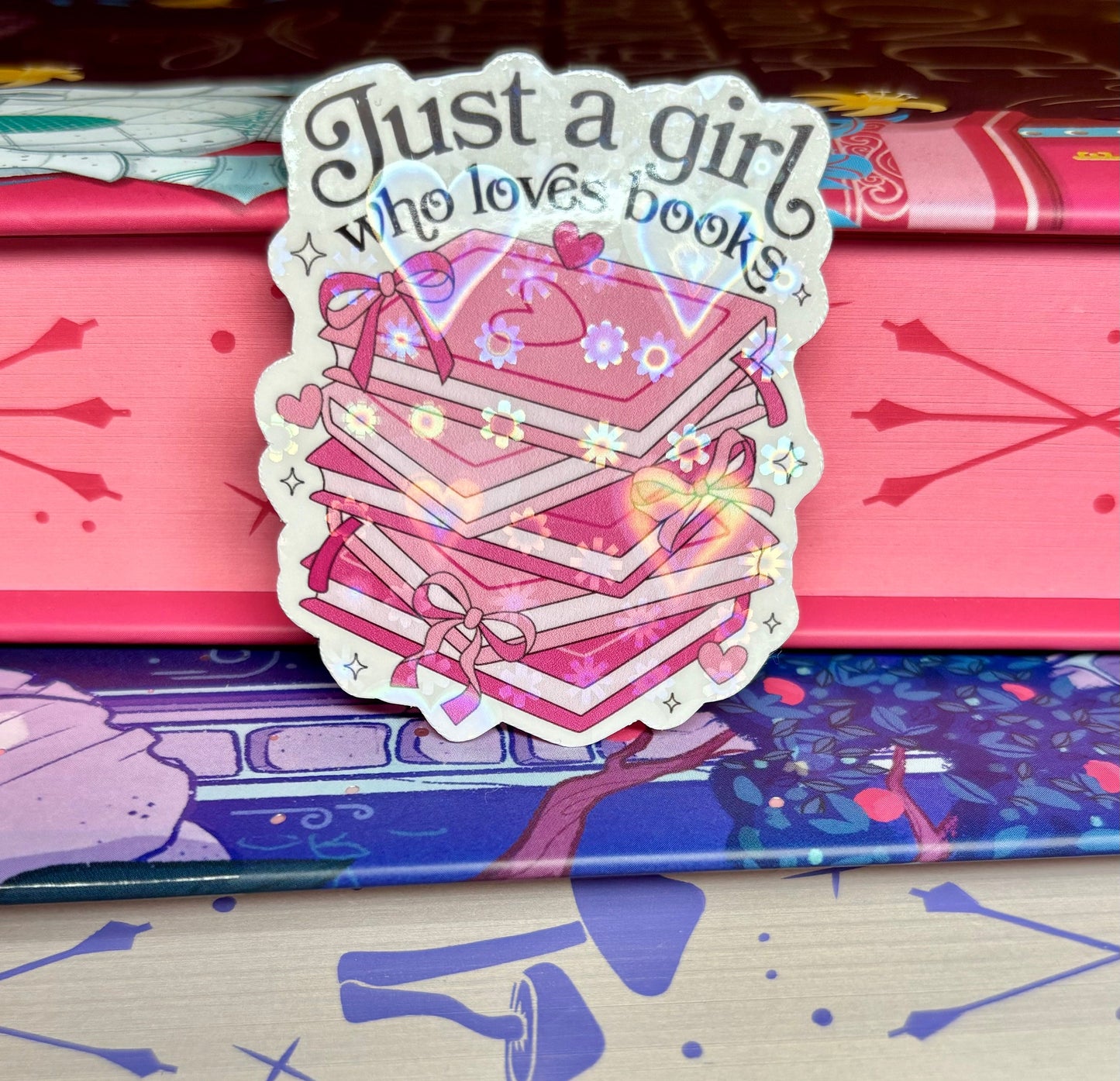 Just A Girl Who Loves Books Pink Book Stack Sticker