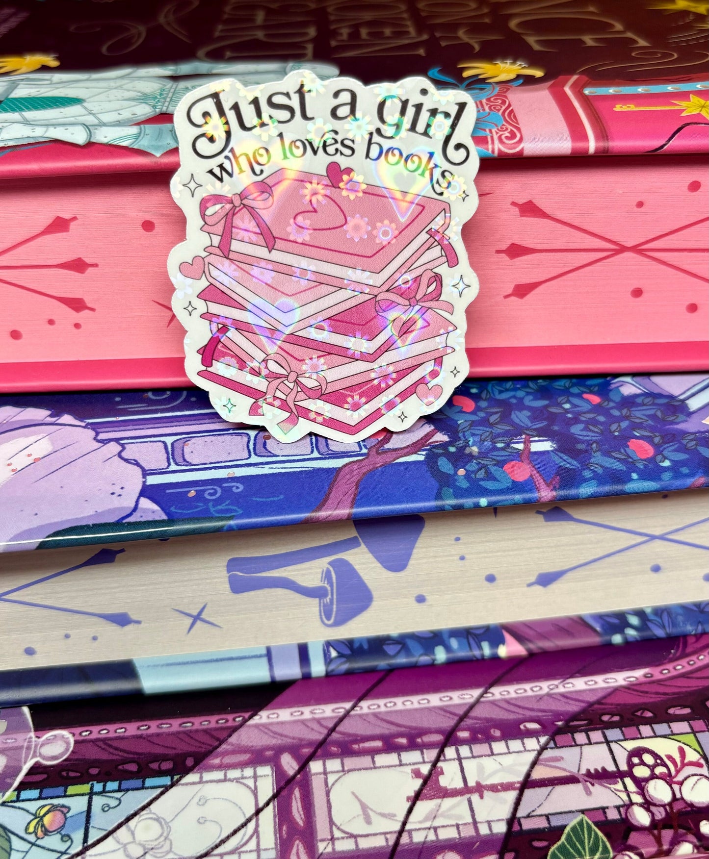 Mini Just A Girl Who Loves Books Pink Book Stack Sticker