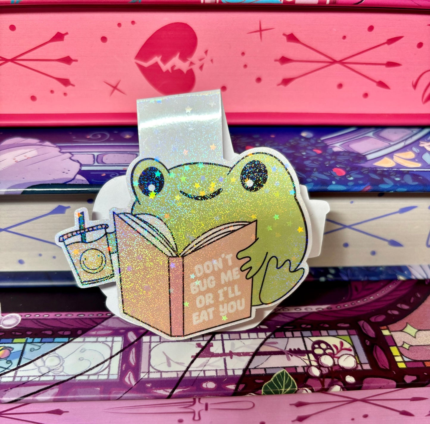 Cute Bookish Reading Frog "Don't Bug Me Or I'll Eat You" Magnetic Bookmark