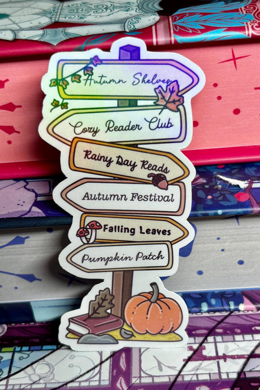 Cosy Bookish Autumn Signpost Sticker