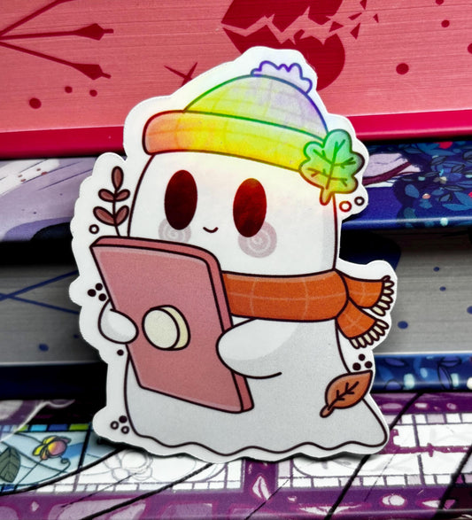 Cute Bookish Autumn Kindle Reading Ghost Sticker