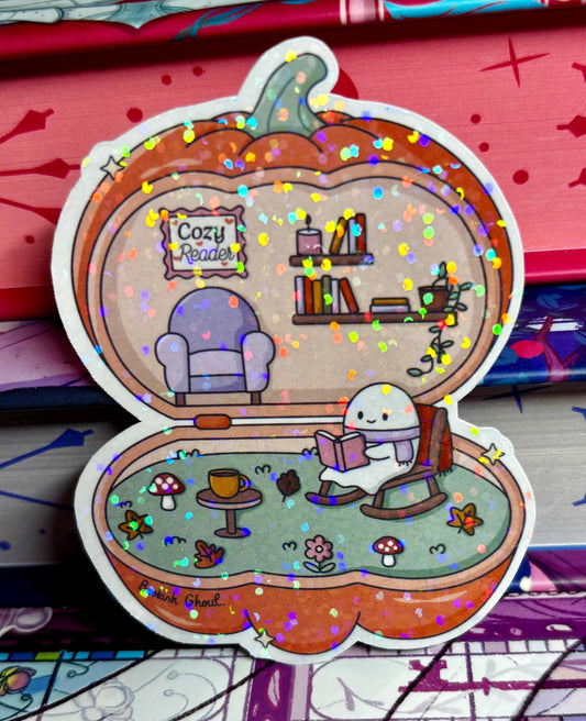 Cute Reading Ghost Pumpkin House Sticker